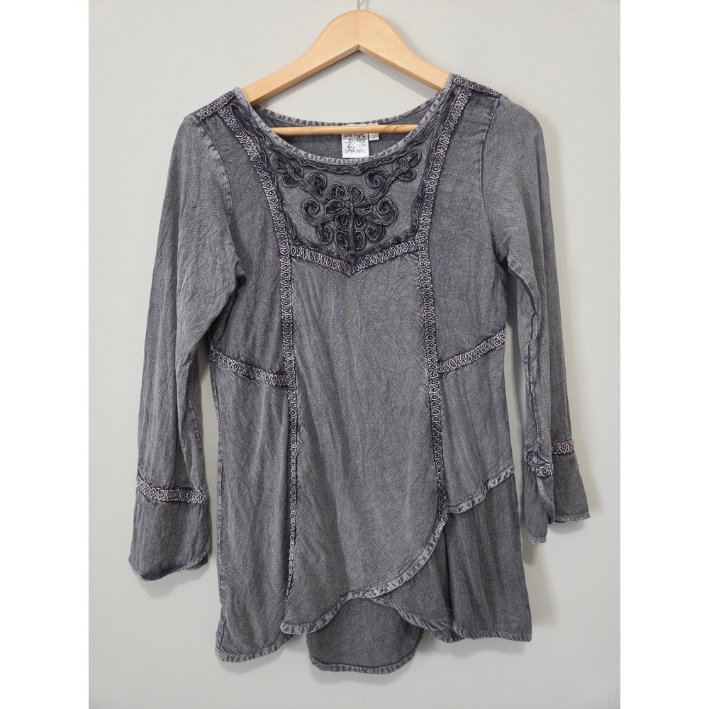 Parsley & Sage Gray Acid Wash Embroidered Tunic Top Boho Rayon Small